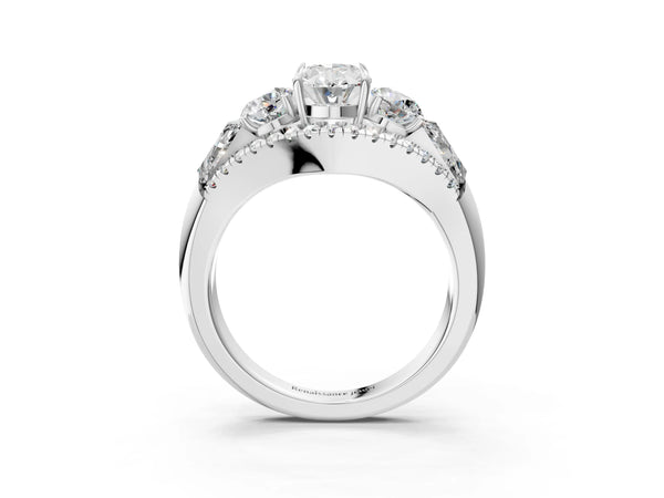 White gold Three-Stone Oval Cut Diamond Engagement Ring with Pave Band and Prong Setting
