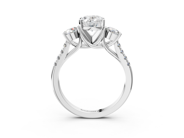 Platinum Oval Three Stone Engagement Ring Setting with Round Side Stones and Pave Shoulders
