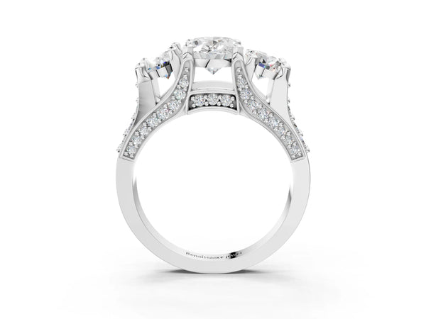 Platinum Oval Three Stone Pave Engagement Ring Setting with Near-Equal Side Stones