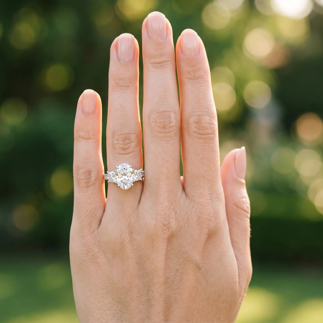 White gold Three-Stone Oval Cut Diamond Ring with Channel Set Band and Four-Prong Setting_6