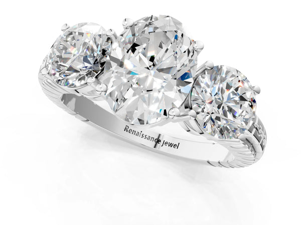 Platinum Oval Three-Stone Engagement Ring Setting with Engraved Notched Band