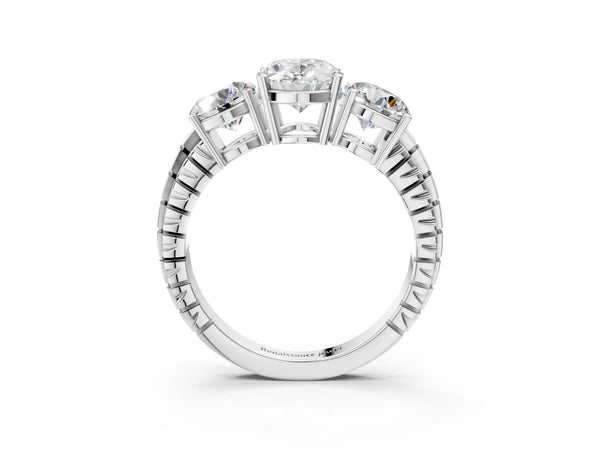 White Gold Oval Three-Stone Engagement Ring Setting with Engraved Notched Band