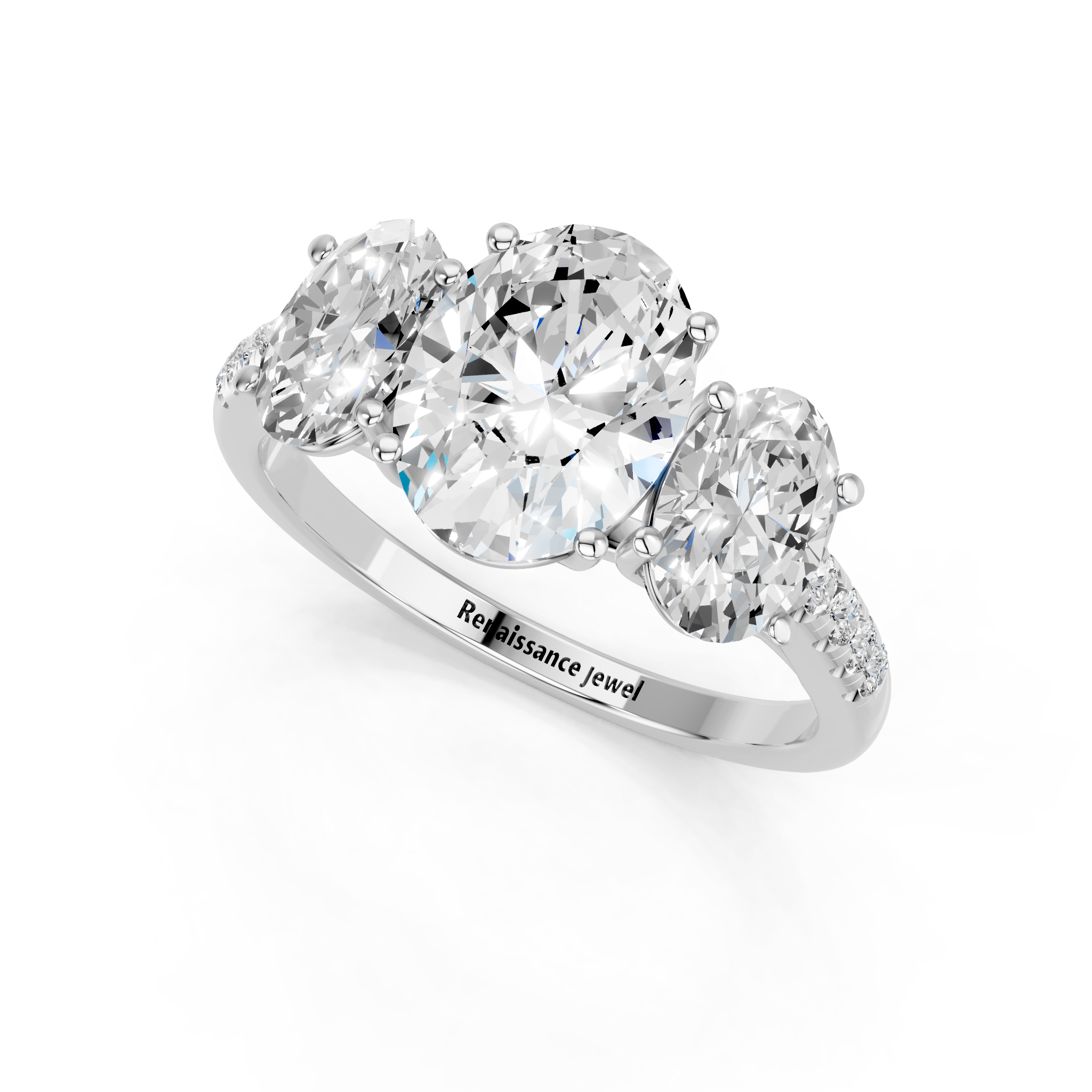 White gold Three-Stone Oval Cut Diamond Ring with Pavé Band and Prong Setting_11