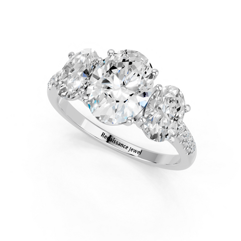 White gold Three-Stone Oval Cut Diamond Ring with Pavé Band and Prong Setting_11