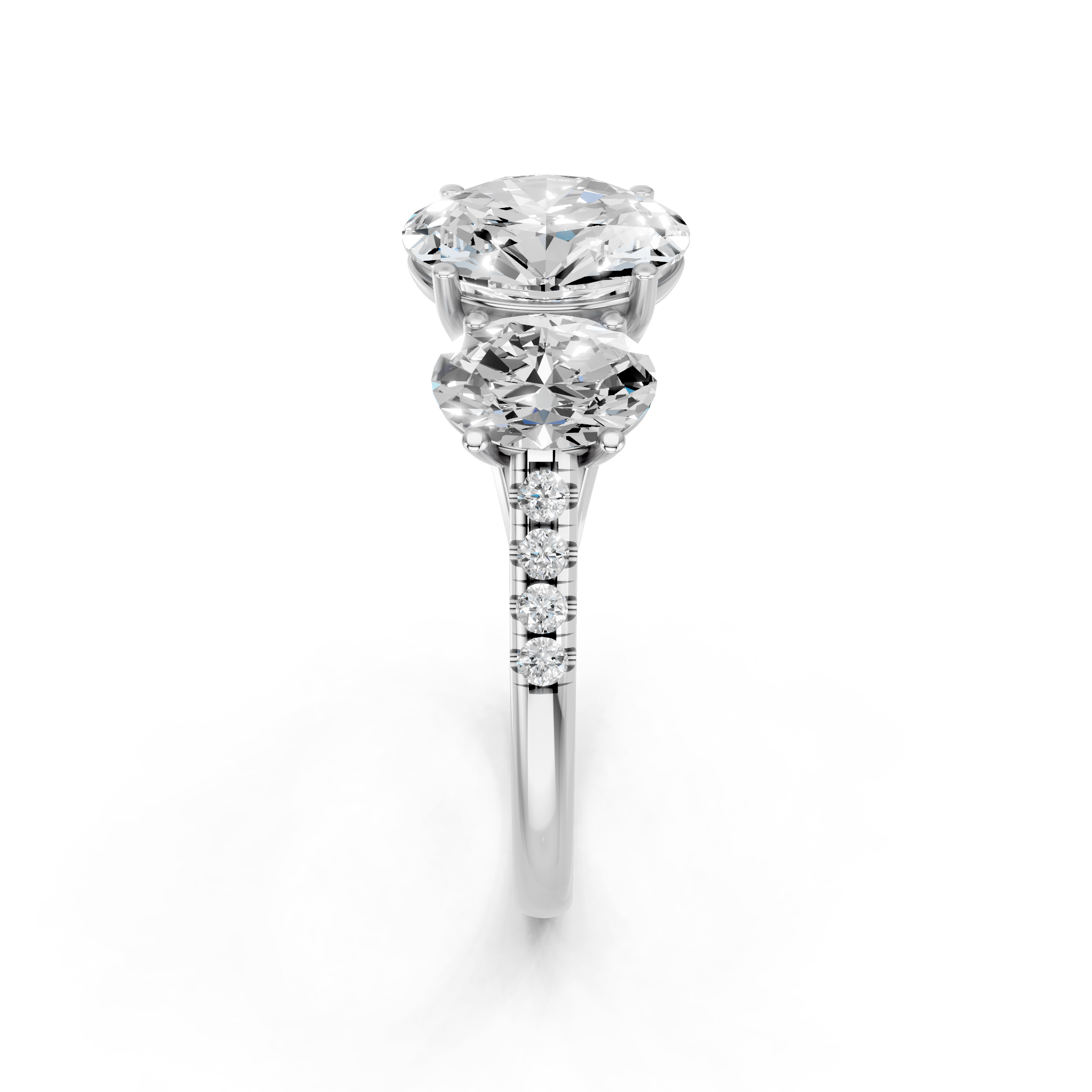 White gold Three-Stone Oval Cut Diamond Ring with Pavé Band and Prong Setting_12