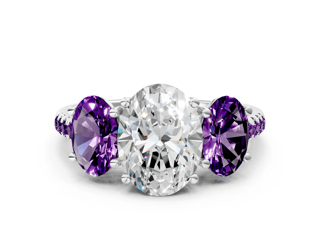 White gold Three-Stone Oval Cut Diamond Ring with Round with Amethyst side stone Pavé Band and Prong Setting_12