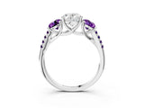 White gold Three-Stone Oval Cut Diamond Ring with Round with Amethyst side stone Pavé Band and Prong Setting_15