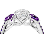 White gold Three-Stone Oval Cut Diamond Ring with Round with Amethyst side stone Pavé Band and Prong Setting_16