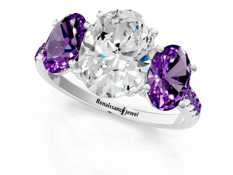White gold Three-Stone Oval Cut Diamond Ring with Round with Amethyst side stone Pavé Band and Prong Setting_1