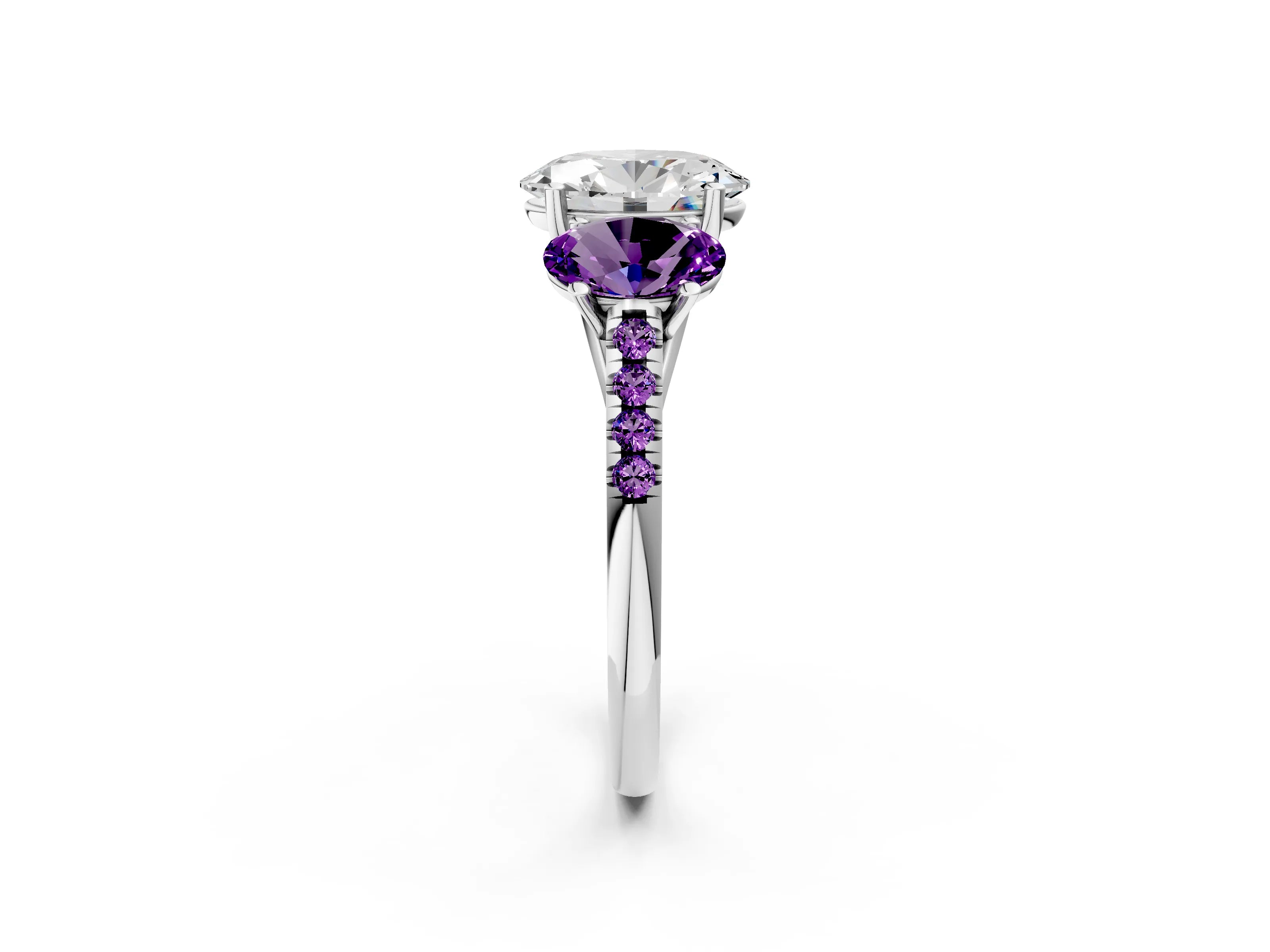 White gold Three-Stone Oval Cut Diamond Ring with Round with Amethyst side stone Pavé Band and Prong Setting_2