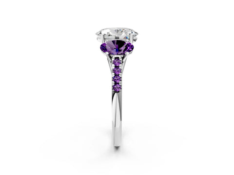 White gold Three-Stone Oval Cut Diamond Ring with Round with Amethyst side stone Pavé Band and Prong Setting_2