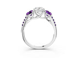 White gold Three-Stone Oval Cut Diamond Ring with Round with Amethyst side stone Pavé Band and Prong Setting_3