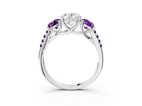 White gold Three-Stone Oval Cut Diamond Ring with Round with Amethyst side stone Pavé Band and Prong Setting_3