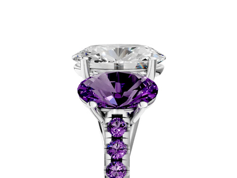 White gold Three-Stone Oval Cut Diamond Ring with Round with Amethyst side stone Pavé Band and Prong Setting_5