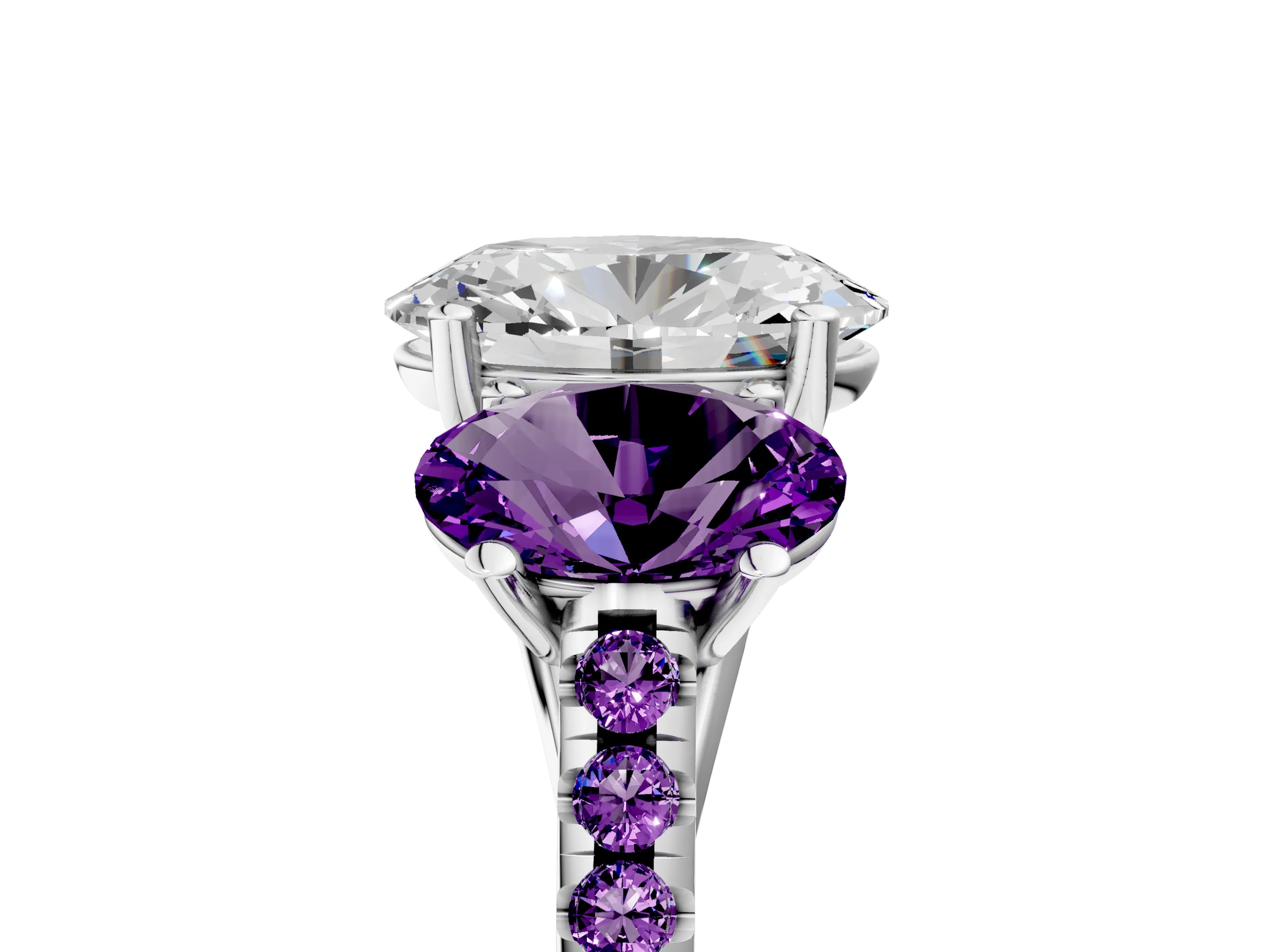 White gold Three-Stone Oval Cut Diamond Ring with Round with Amethyst side stone Pavé Band and Prong Setting_5