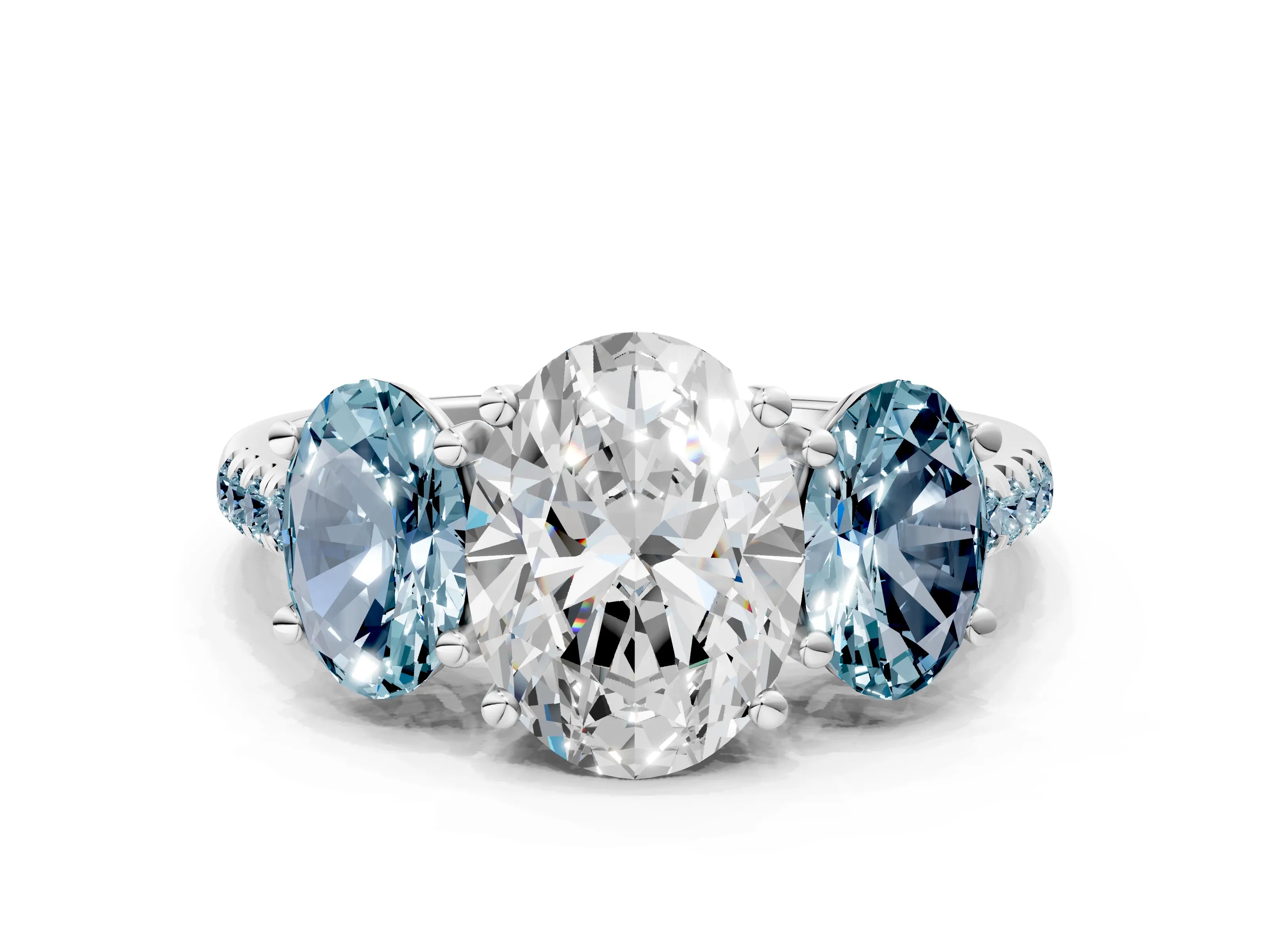 White gold Three-Stone Oval Cut Diamond Ring with Round with Aquamarine side stone Pavé Band and Prong Setting