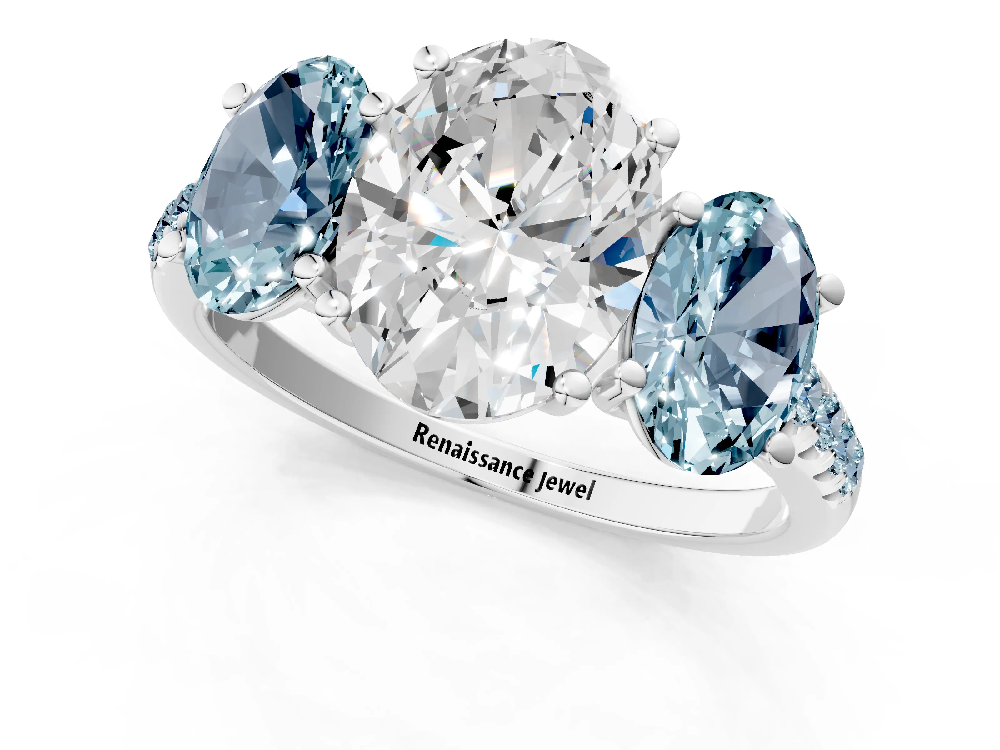 White gold Three-Stone Oval Cut Diamond Ring with Round with Aquamarine side stone Pavé Band and Prong Setting_1