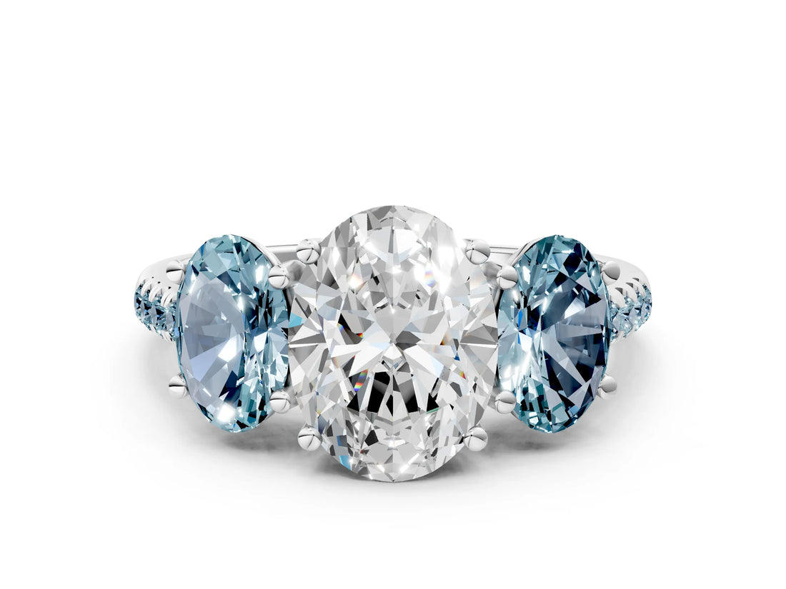 White gold Three-Stone Oval Cut Diamond Ring with Round with Aquamarine side stone Pavé Band and Prong Setting_12