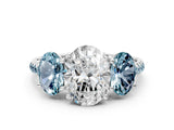 White gold Three-Stone Oval Cut Diamond Ring with Round with Aquamarine side stone Pavé Band and Prong Setting_12