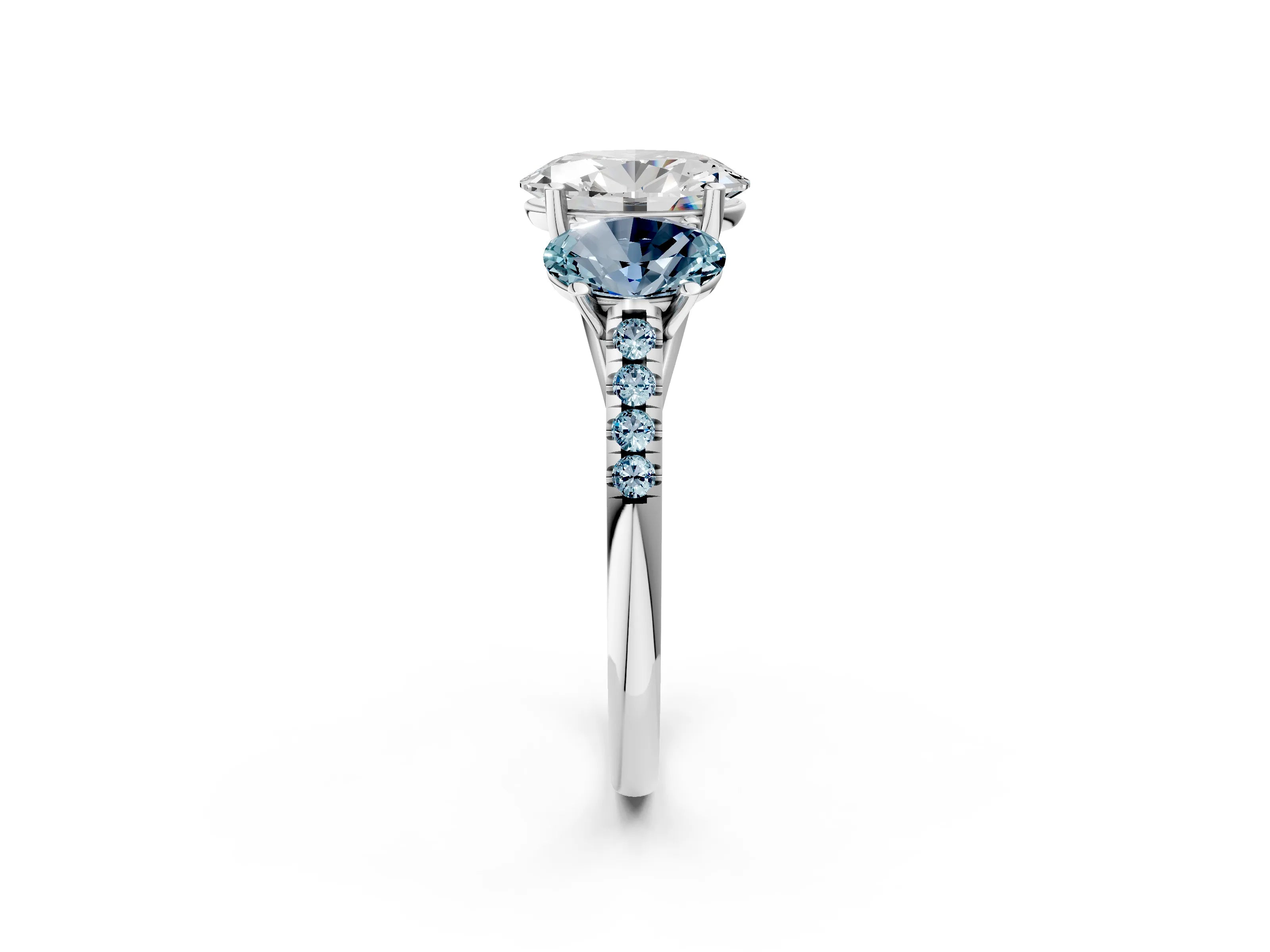 White gold Three-Stone Oval Cut Diamond Ring with Round with Aquamarine side stone Pavé Band and Prong Setting_2