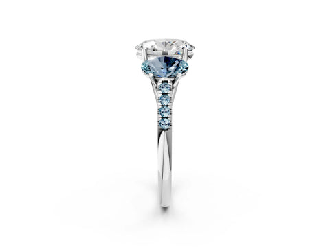 White gold Three-Stone Oval Cut Diamond Ring with Round with Aquamarine side stone Pavé Band and Prong Setting_2
