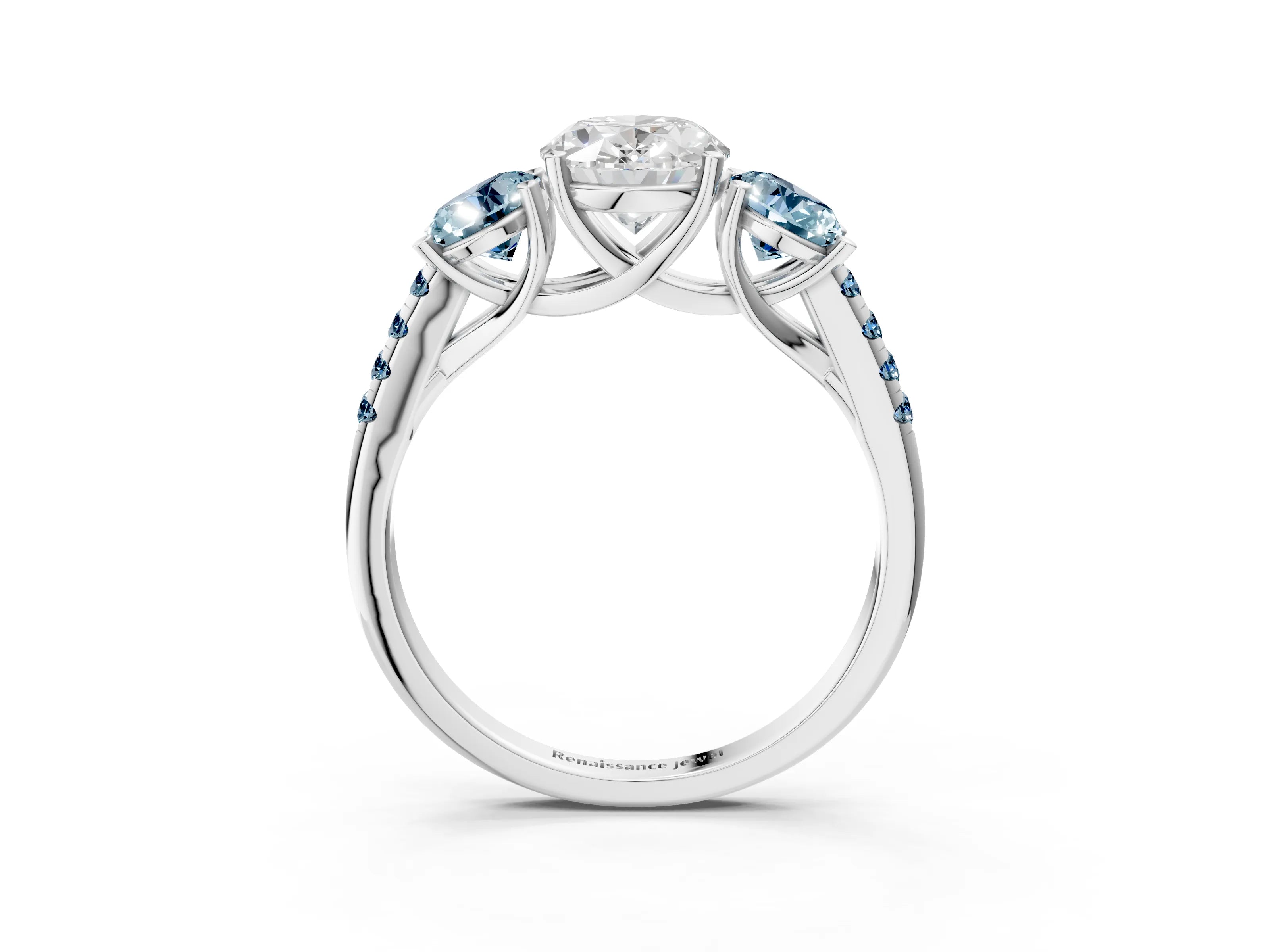 White gold Three-Stone Oval Cut Diamond Ring with Round with Aquamarine side stone Pavé Band and Prong Setting_3