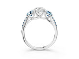 White gold Three-Stone Oval Cut Diamond Ring with Round with Aquamarine side stone Pavé Band and Prong Setting_3