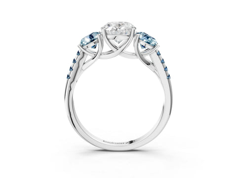 White gold Three-Stone Oval Cut Diamond Ring with Round with Aquamarine side stone Pavé Band and Prong Setting_3
