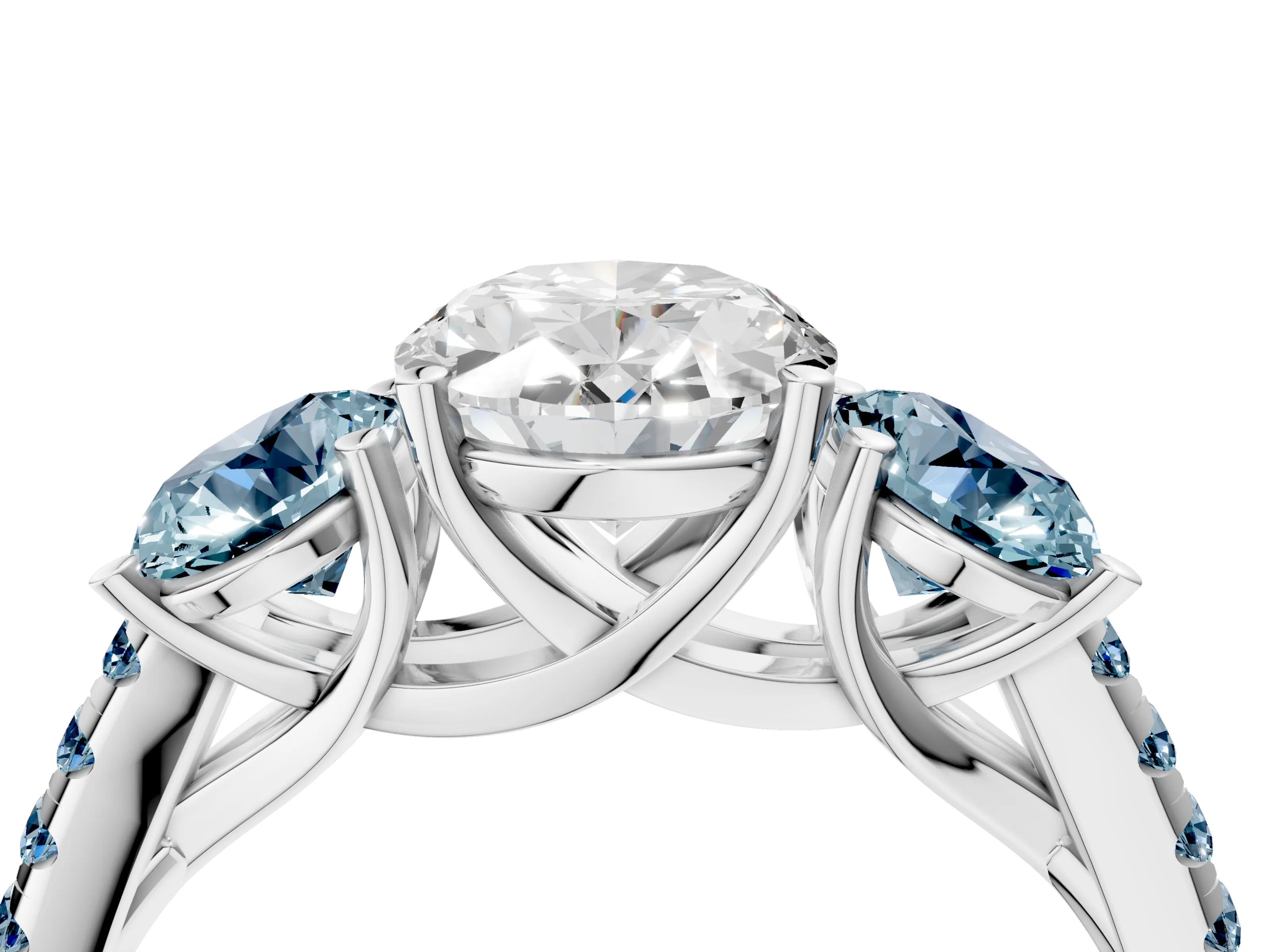 White gold Three-Stone Oval Cut Diamond Ring with Round with Aquamarine side stone Pavé Band and Prong Setting_4