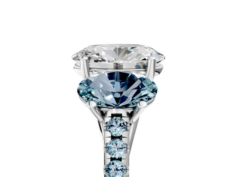 White gold Three-Stone Oval Cut Diamond Ring with Round with Aquamarine side stone Pavé Band and Prong Setting_5