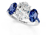 White gold Three-Stone Oval Cut Diamond Ring with Round with Blue Sapphire side stone Pavé Band and Prong Setting_13