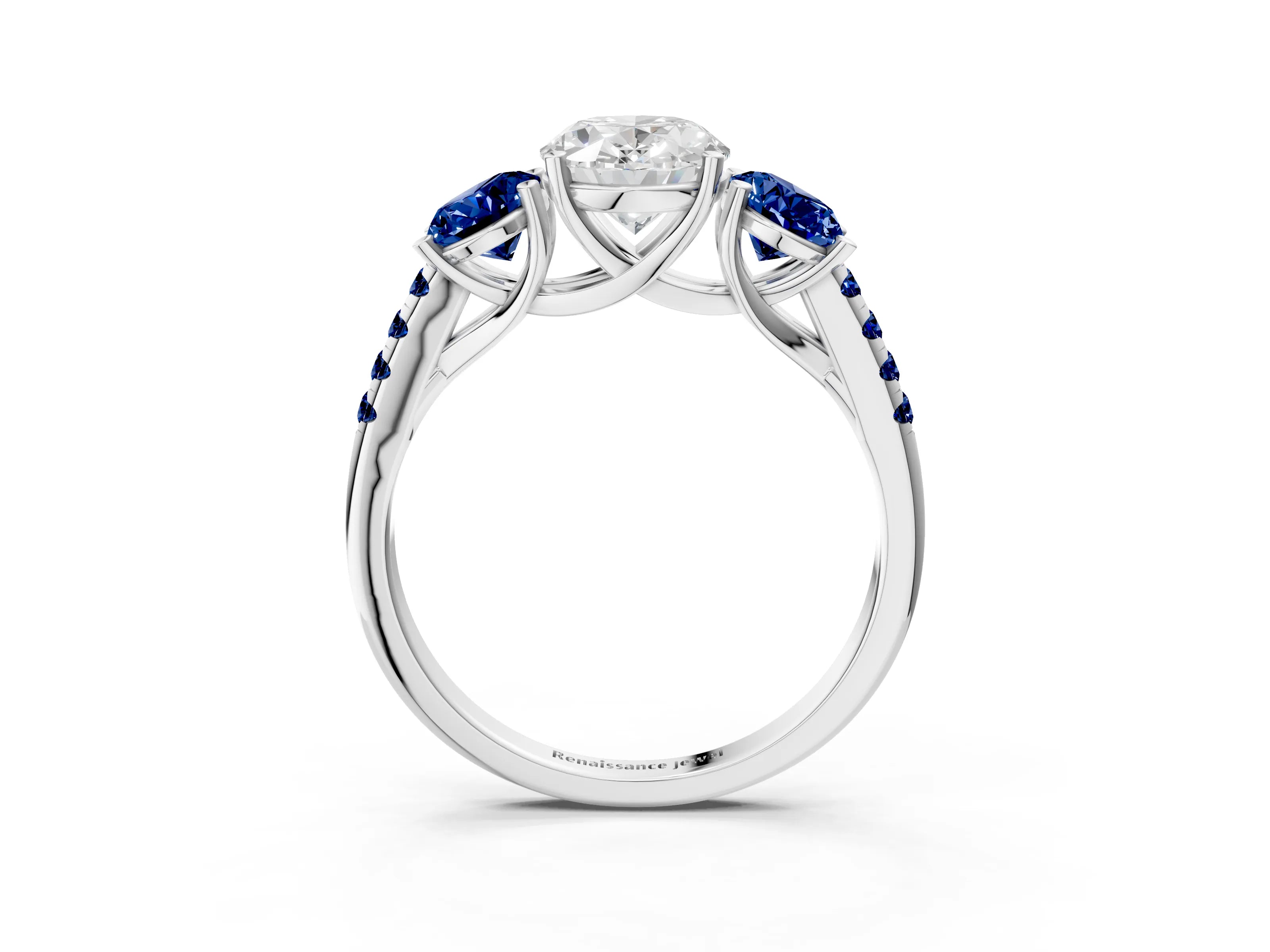 White gold Three-Stone Oval Cut Diamond Ring with Round with Blue Sapphire side stone Pavé Band and Prong Setting_3