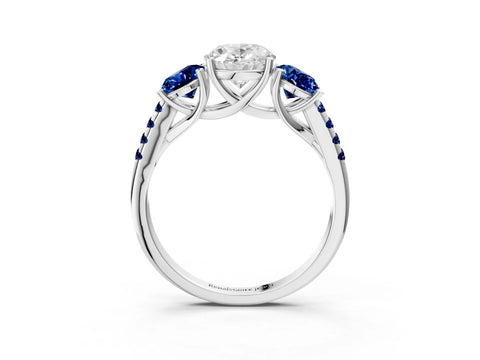 White gold Three-Stone Oval Cut Diamond Ring with Round with Blue Sapphire side stone Pavé Band and Prong Setting_3