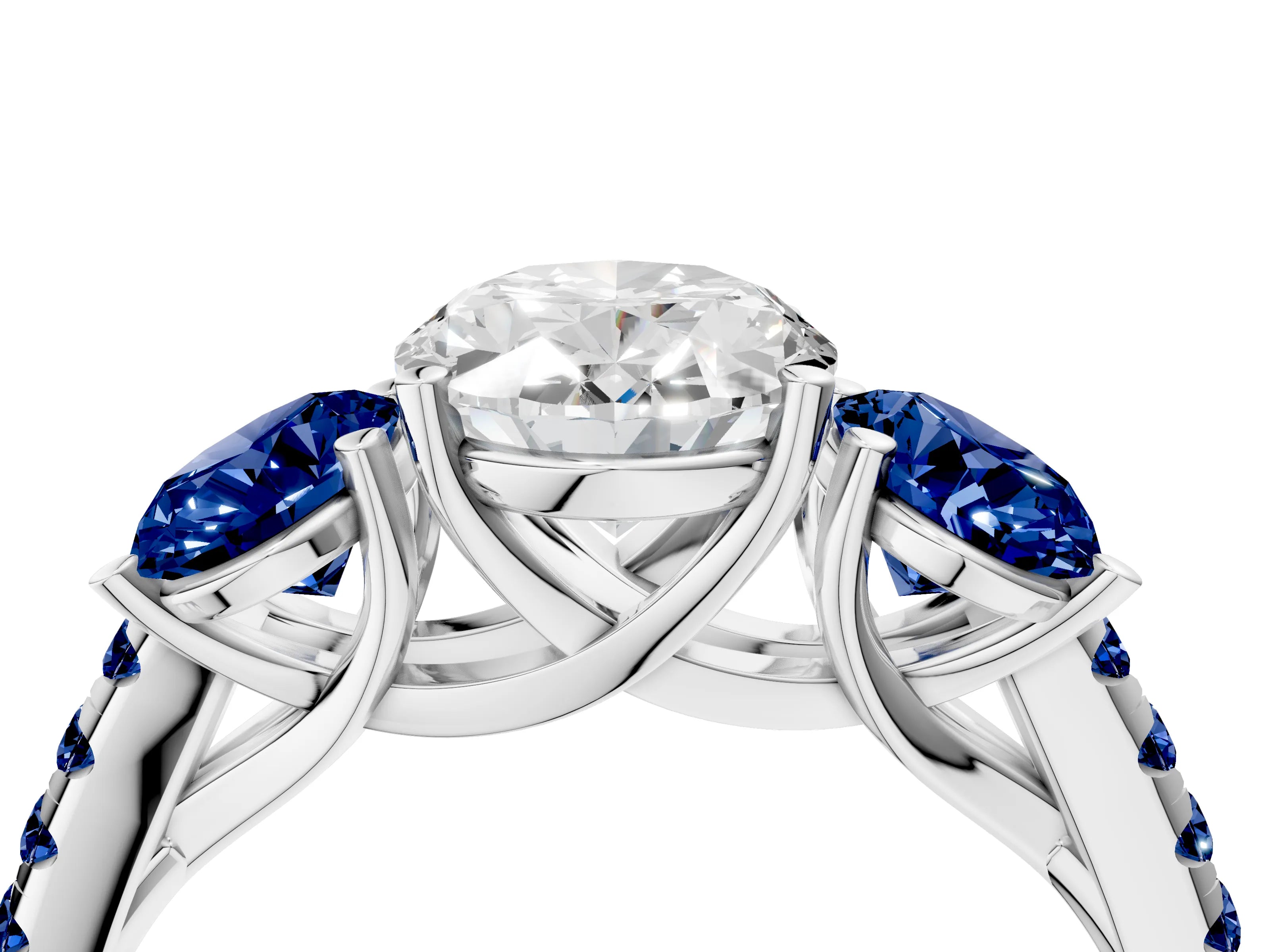 White gold Three-Stone Oval Cut Diamond Ring with Round with Blue Sapphire side stone Pavé Band and Prong Setting_4