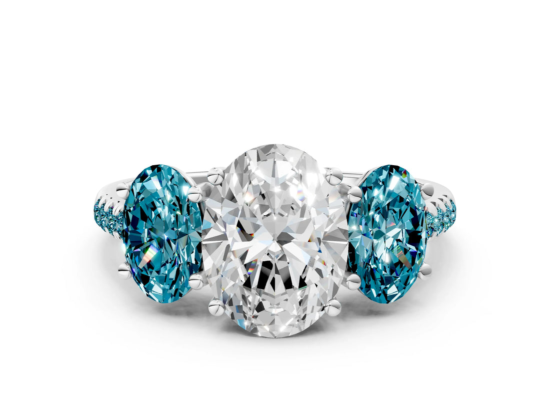 White gold Three-Stone Oval Cut Diamond Ring with Round with Blue Topaz side stone Pavé Band and Prong Setting_12