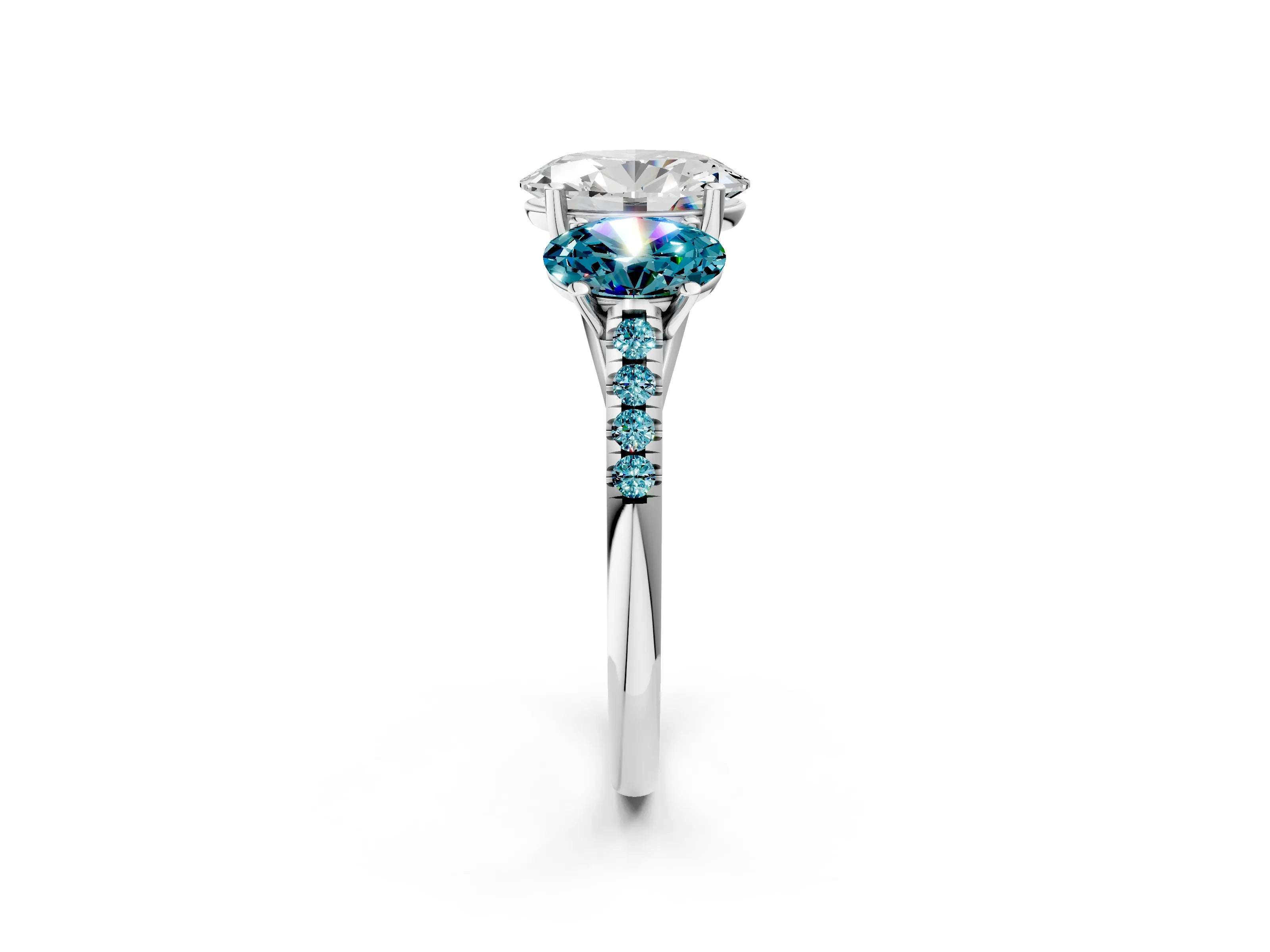 White gold Three-Stone Oval Cut Diamond Ring with Round with Blue Topaz side stone Pavé Band and Prong Setting_2