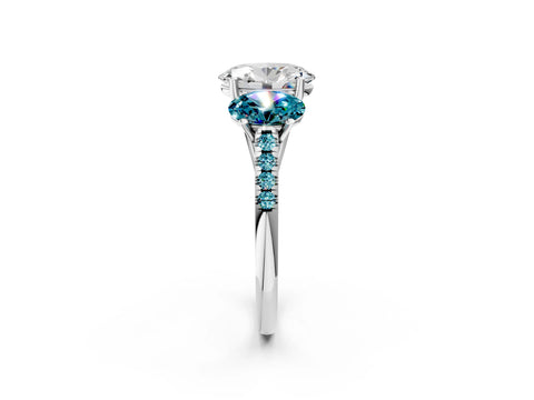 White gold Three-Stone Oval Cut Diamond Ring with Round with Blue Topaz side stone Pavé Band and Prong Setting_2