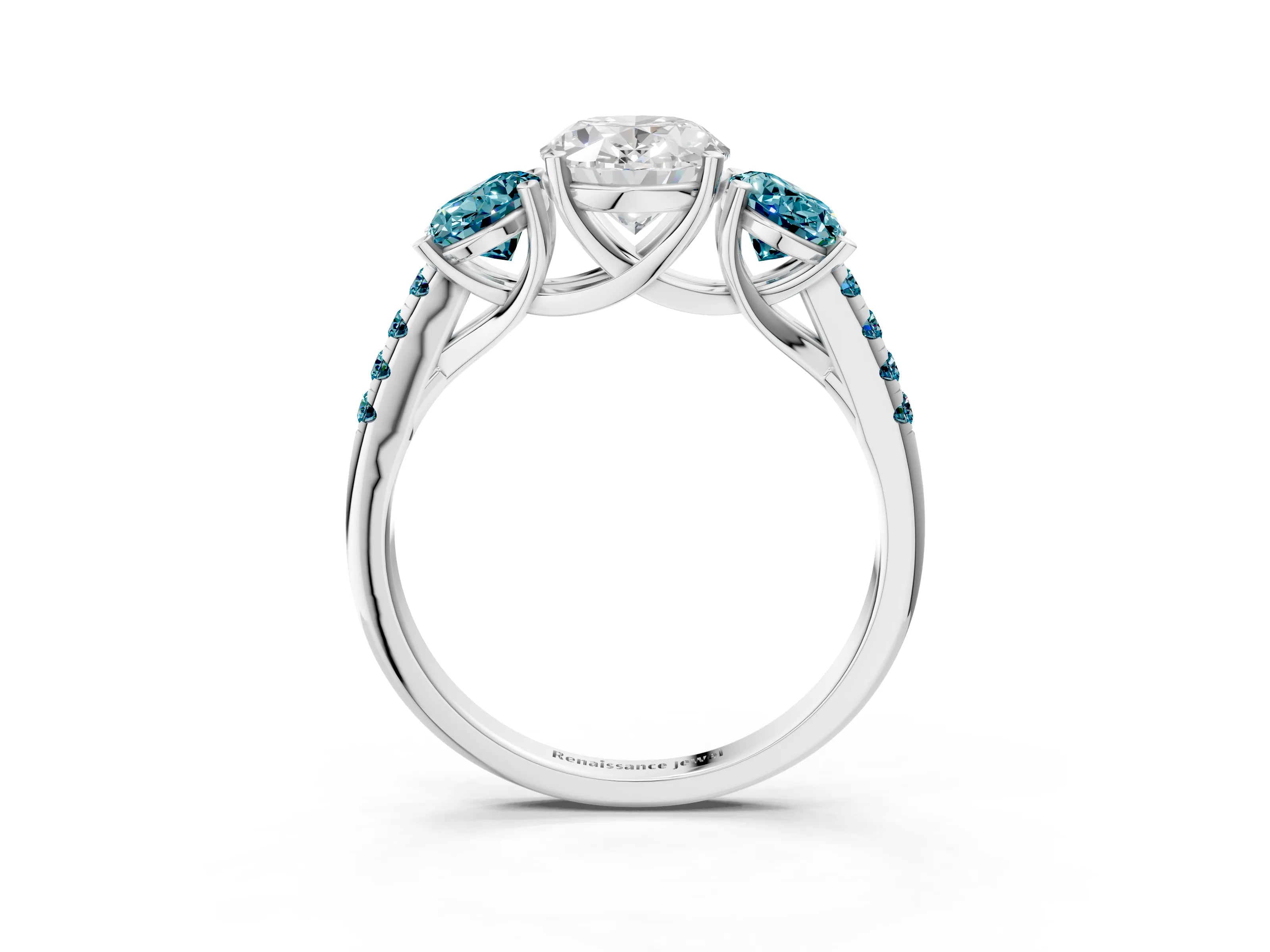 White gold Three-Stone Oval Cut Diamond Ring with Round with Blue Topaz side stone Pavé Band and Prong Setting_3