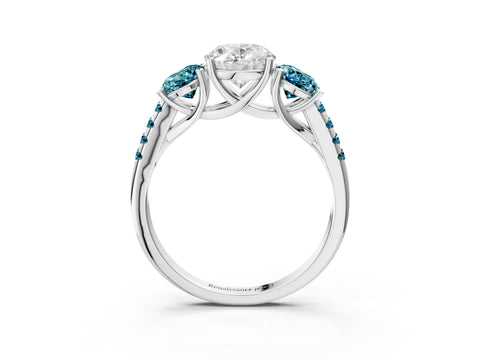White gold Three-Stone Oval Cut Diamond Ring with Round with Blue Topaz side stone Pavé Band and Prong Setting_3