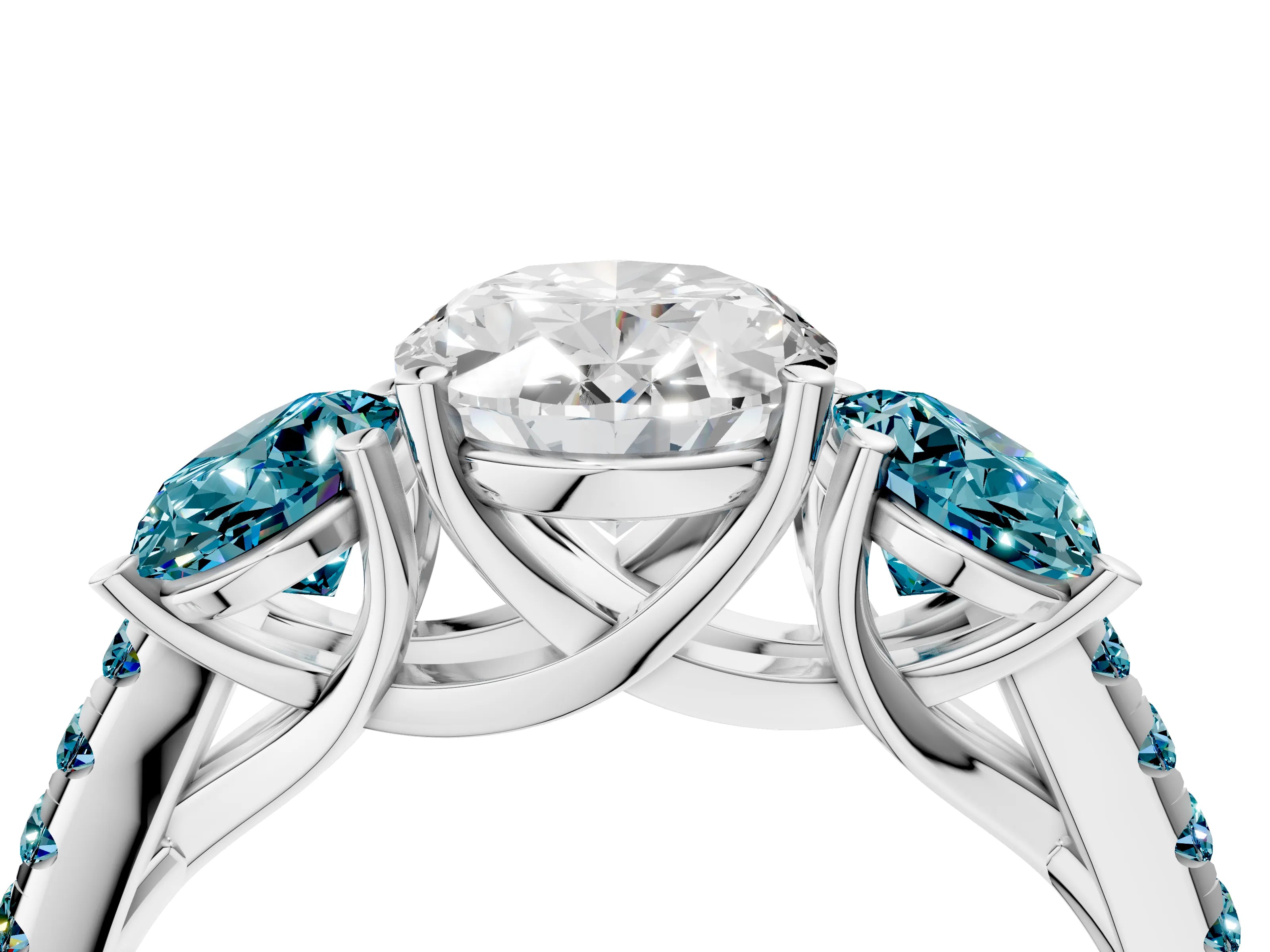 White gold Three-Stone Oval Cut Diamond Ring with Round with Blue Topaz side stone Pavé Band and Prong Setting_4