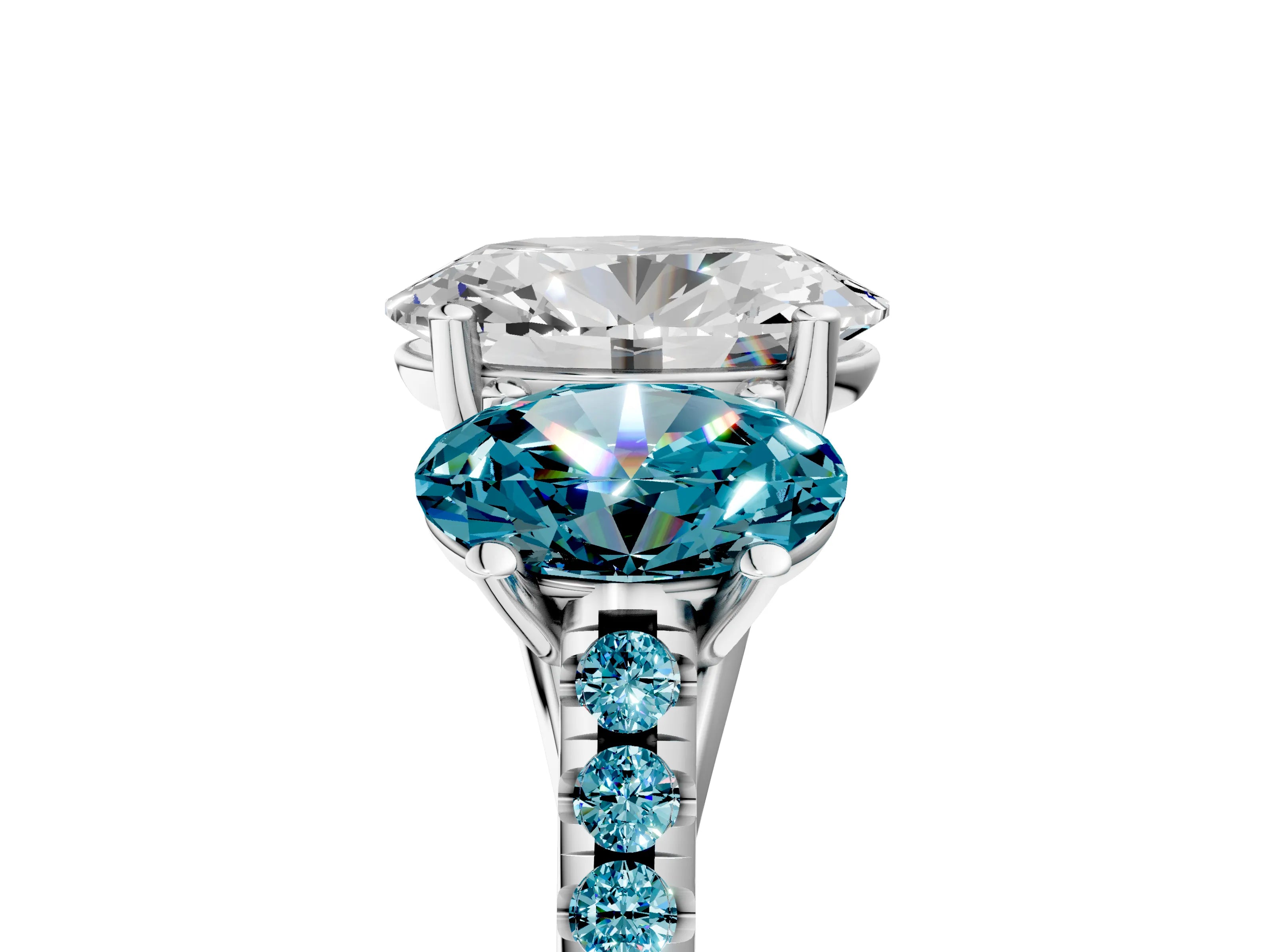 White gold Three-Stone Oval Cut Diamond Ring with Round with Blue Topaz side stone Pavé Band and Prong Setting_5