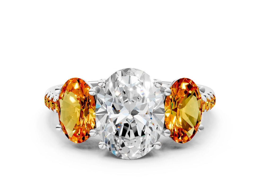 White gold Three-Stone Oval Cut Diamond Ring with Round with Citrine side stone Pavé Band and Prong Setting_12