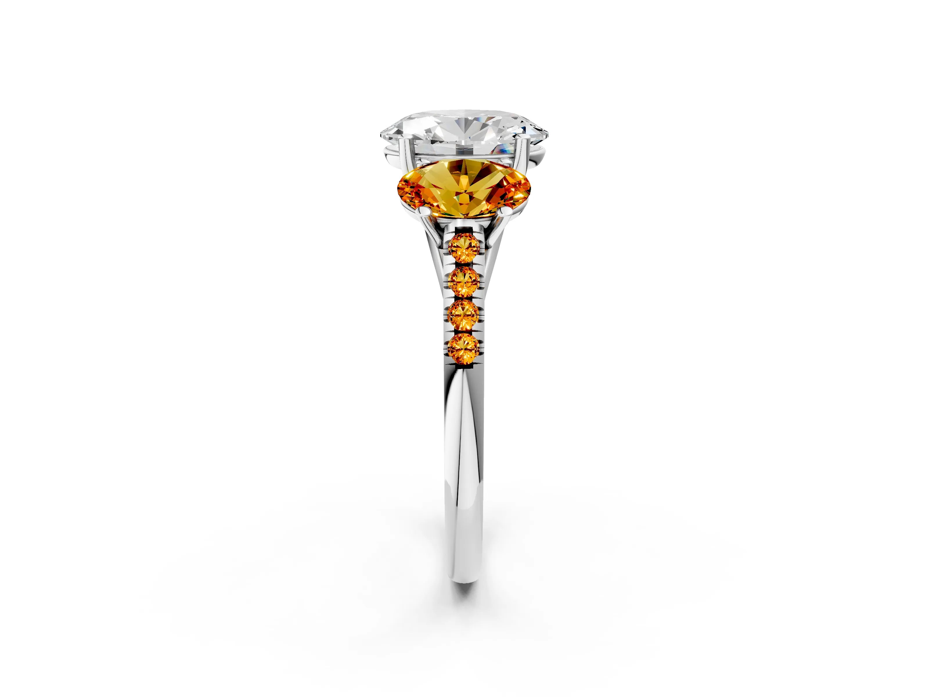 White gold Three-Stone Oval Cut Diamond Ring with Round with Citrine side stone Pavé Band and Prong Setting_2