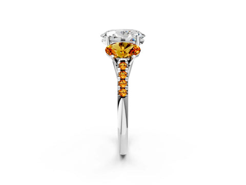 White gold Three-Stone Oval Cut Diamond Ring with Round with Citrine side stone Pavé Band and Prong Setting_2
