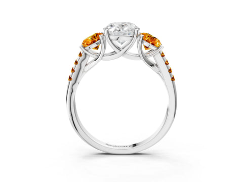 White gold Three-Stone Oval Cut Diamond Ring with Round with Citrine side stone Pavé Band and Prong Setting_3
