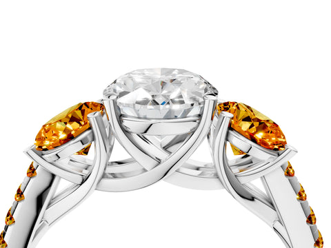 White gold Three-Stone Oval Cut Diamond Ring with Round with Citrine side stone Pavé Band and Prong Setting_4