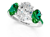 White gold Three-Stone Oval Cut Diamond Ring with Round with Emerald side stone Pavé Band and Prong Setting_1