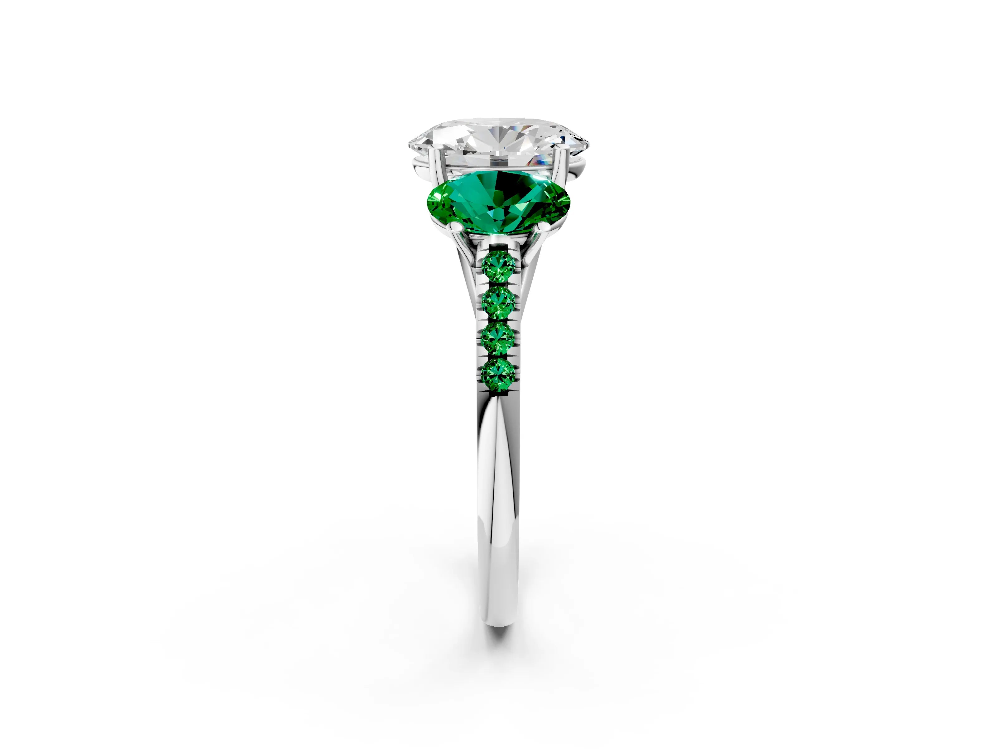 White gold Three-Stone Oval Cut Diamond Ring with Round with Emerald side stone Pavé Band and Prong Setting_2