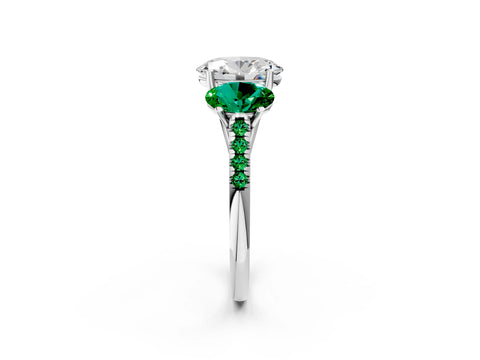 White gold Three-Stone Oval Cut Diamond Ring with Round with Emerald side stone Pavé Band and Prong Setting_2