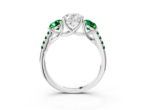 White gold Three-Stone Oval Cut Diamond Ring with Round with Emerald side stone Pavé Band and Prong Setting_3